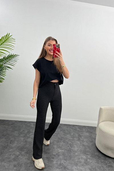 Winmoda34 Ultra High Waist Crepe Fabric Lycra Palazzo Striped Trousers Black