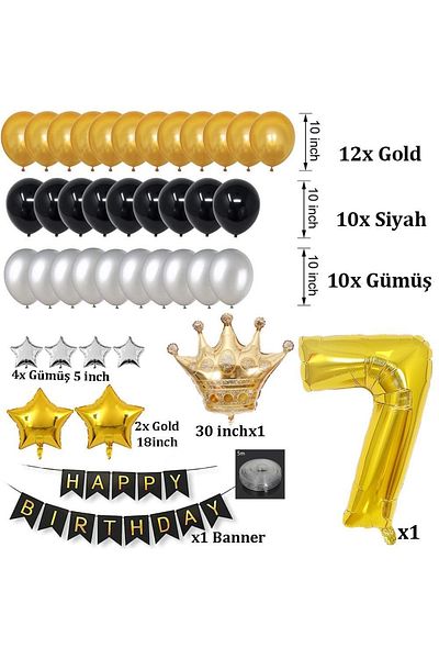 Patladı Gitti Large Size King Crowned Gold-silver-black 7 Year Old Birthday Set