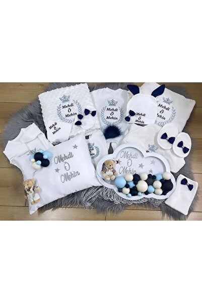 Jaju Baby Isim Işlemeli Lacivert Beyaz Kombineli Bebek Yeni Doğan Set