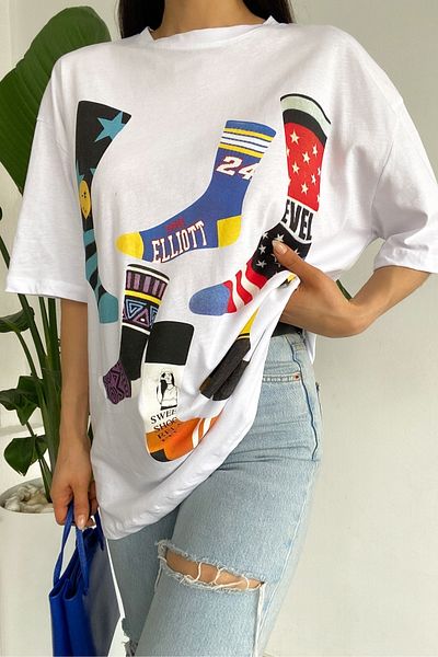 FEMELLE Tricou alb din bumbac oversize cu design imprimat nou sezon