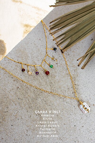 ÇAKRA DOĞAL TAŞ Çakra X Barok Inci Doğal Taşlı 2 Katlı Altın Kaplama Kalp Zin...