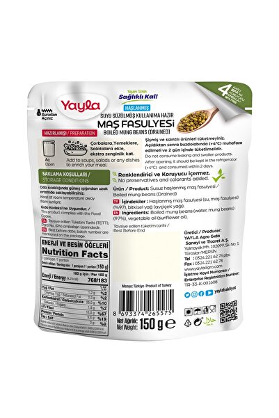 Yayla Haşlanmış Suyu Süzülmüş Maş Fasulyesi 150 gr