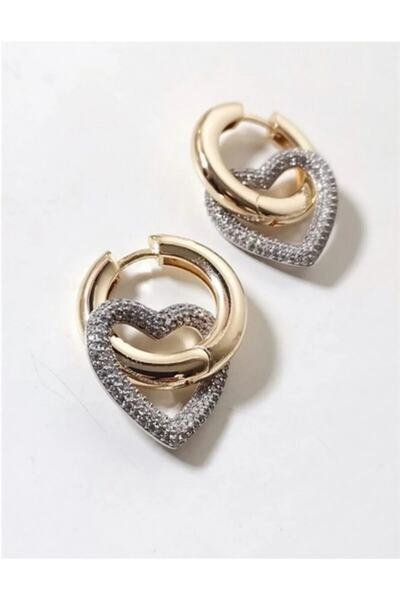 Sevgi Gold İmitasyon 300 Adet Zirkon Taşlı Kalp Detaylı Küpe