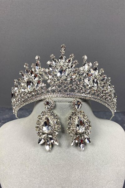 ESPEREST تاج الزفاف الفضي من بيرا وأقراط حجر المكوك