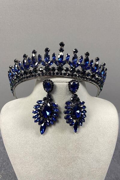ESPEREST طقم تاج حناء للزفاف من بيدرو ستون باللون الأزرق الداكن وأقراط فستان ...