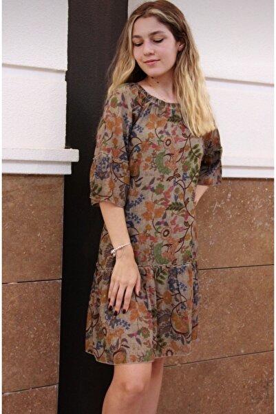 Bohemian Women's Brown Princess Collar Pleated Mini Dress