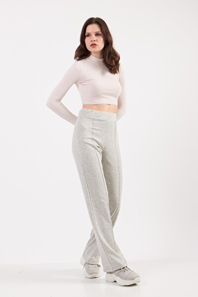 orcey Kadın Gri Melanj Bol Paça Pile Detaylı Jogger