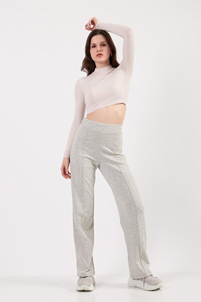 orcey Kadın Gri Melanj Bol Paça Pile Detaylı Jogger