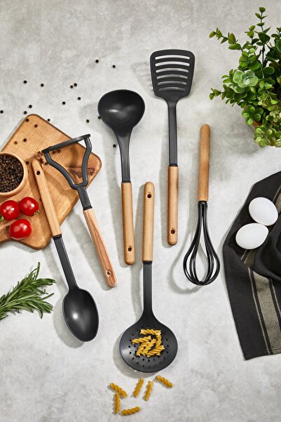 Woodeso Black Series Special Service Set - Ladle, Spoon, Colander and Spatula Crusher Whisk