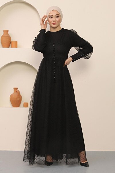 Modamihram Abendkleid aus Tüll mit Knopfdetail in Schwarz 12237