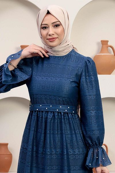 Modamihram Rochie de seara din dantela cu perle Indigo 12239