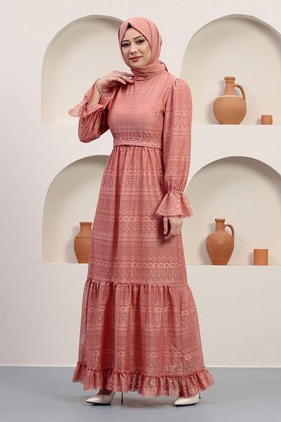 Modamihram Rochie de seara din dantela cu perle Somon 12239