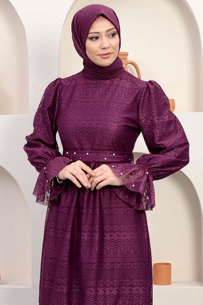 Modamihram Rochie de seara din dantela cu perle, prune 12239