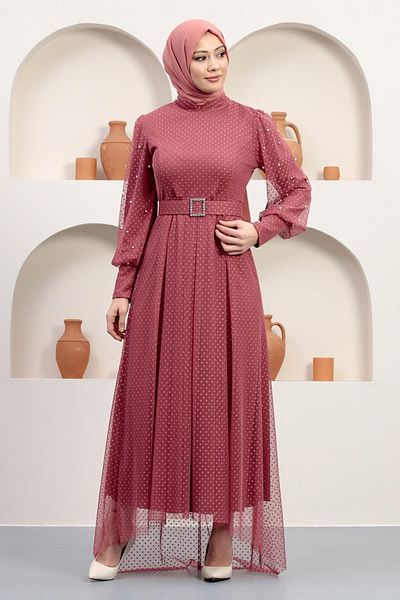 Modamihram Rochie de seara din tul cu centura de piatra, Dusty Rose 12242