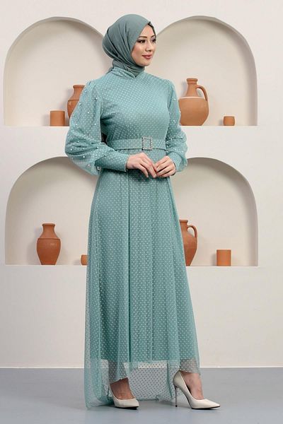 Modamihram Abendkleid aus Tüll mit Steingürtel Mint 12242