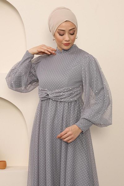 Modamihram Tylové večerní šaty s perleťovými detaily, šedá 12238