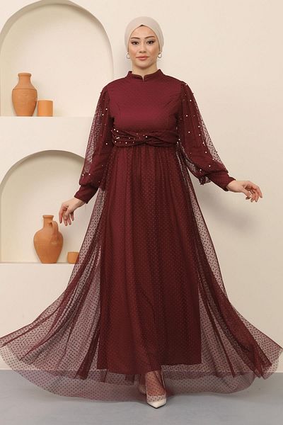 Modamihram Rochie de seara din tul cu perle Rosu Claret 12238