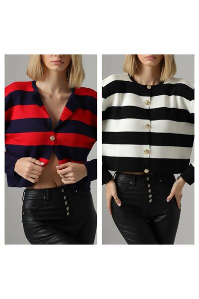 winter club سترة نسائية مخططة برقبة دائرية - عبوة من قطعتين