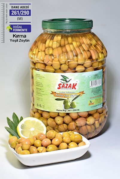 sazak zeytin zeytinyağı Yeşil Kırma Zeytin Iri Tane 5lt Pet Net 3.3 Kg ( 261-290 M Kalibre)