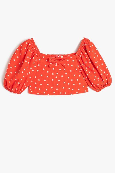Koton Girl's Short Balloon Sleeve Bow Detailed Polka Dot Crop Blouse 3skg10105ak