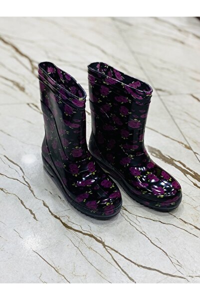 E Kandiş Kız Çocuk Lila Çiçekli Yünsüz Günlük Yağmur Çizmesi