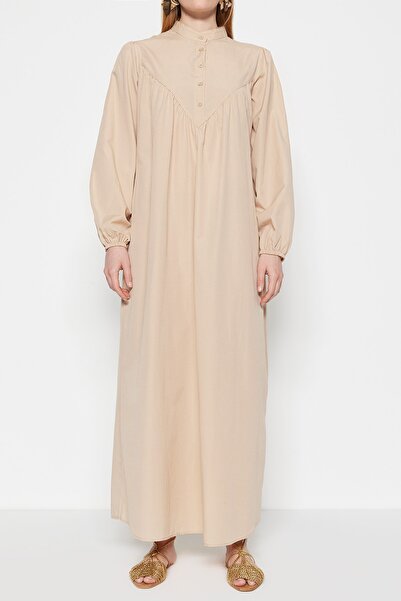 Trendyol Modest Μπεζ Gather Λεπτομερές μανίκι από βαμβακερό μπαλόνι με φαρδιά γραμμή TCTSS23EB00371