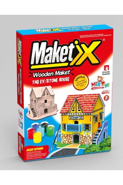mortoys Taş Ev Modeli Ahşap Maket Boyama Seti, 6'lı Boya Ve Fırça Dahil