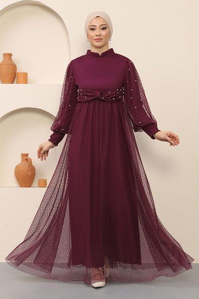 Modamihram Perlendetailliertes Tüll-Abendkleid Pflaume 12238