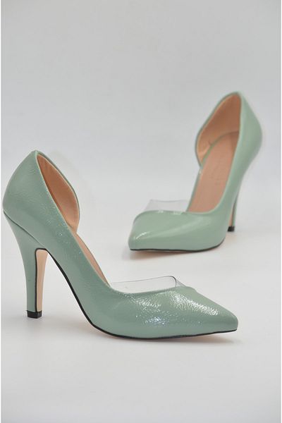 KunduraHane Pantofi cu toc de damă din piele lacuită verde apă cu detaliu transparent stiletto