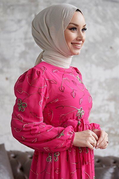 InStyle Merlin Floral Embroidered Chiffon Dress - Fuchsia