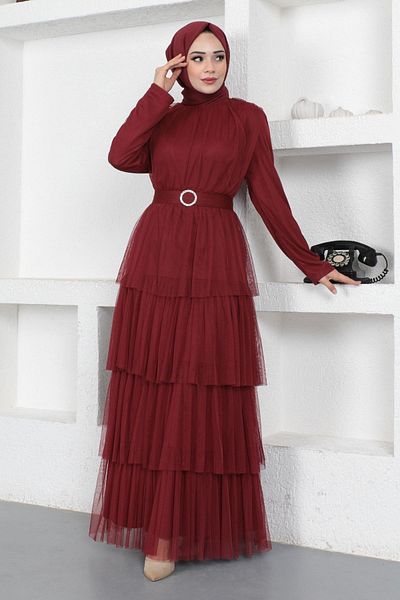 Modamihram Rochie de seară din tul cu fustă cu volan, rosu claret 19111