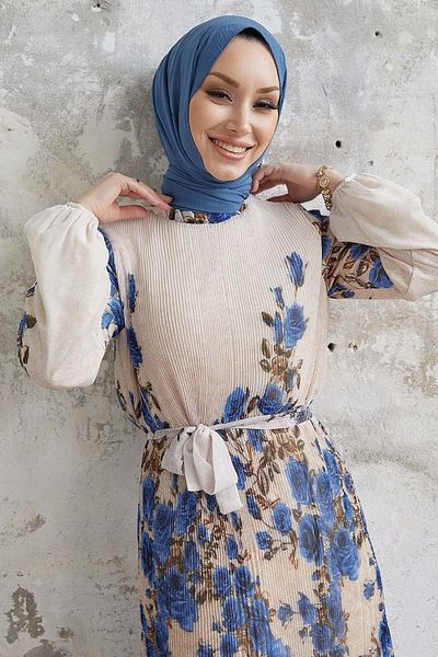 InStyle Rosie Rose mintás hajtogatott sifon ruha - indigó