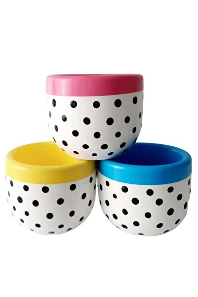 Dekoratif atölye 3lü Puantiyeli Taş Saksı Seti - El Boyama Beton Saksı Seti -...