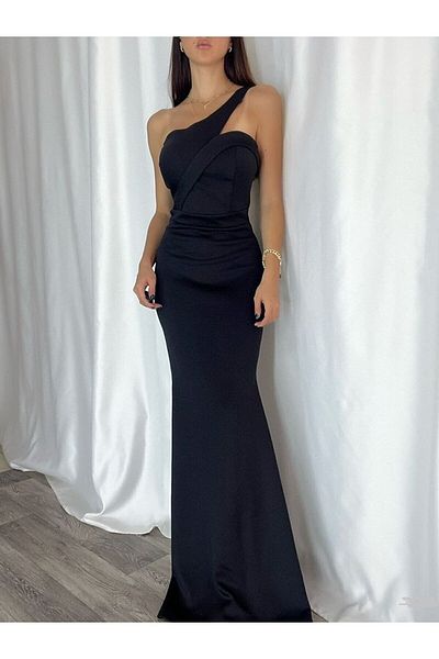 Secret Passion Lingerie Flexibilní černý potápěčský látkový límec na jedno rameno dlouhé šaty 582211 707