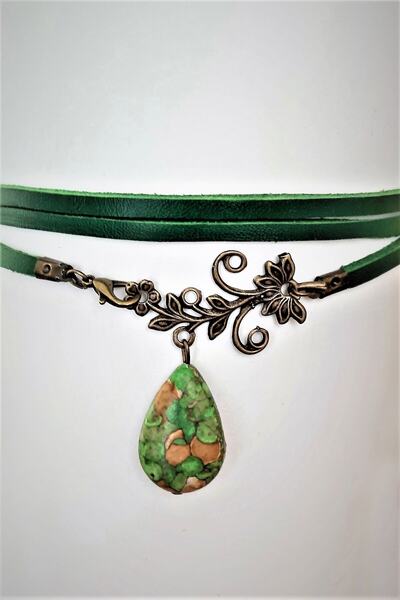 LADYMİRAGE Gercek Deri Turkuaz Taşlı Choker Koye