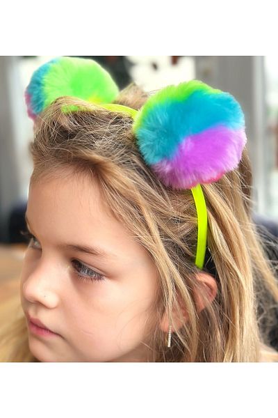 QUEEN AKSESUAR Big Furry Plush Colorful Rainbow Colored Pom Pom Crown with Pompom Crown Neon