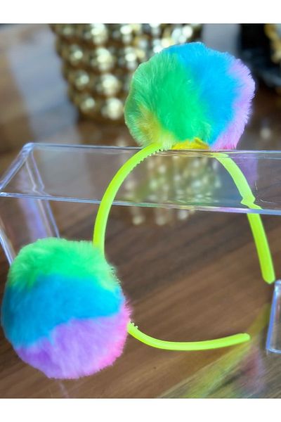 QUEEN AKSESUAR Big Furry Plush Colorful Rainbow Colored Pom Pom Crown with Pompom Crown Neon
