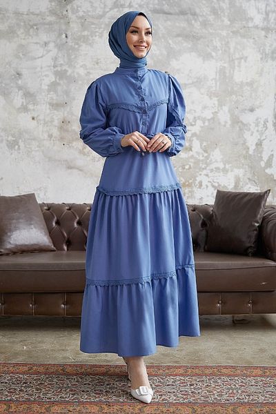 InStyle Guipure Detailed Balloon Sleeve Dress – Indigo
