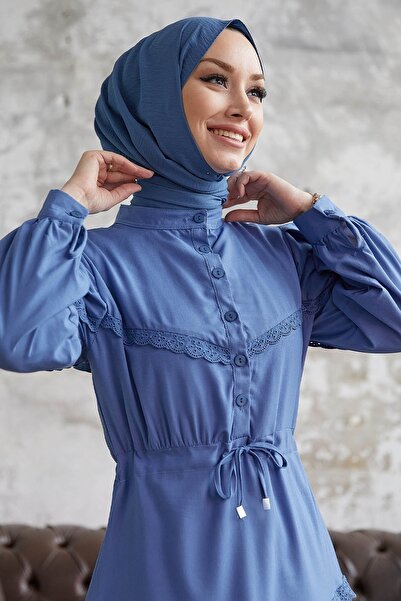 InStyle Güpür Detay Balon Kol Elbise - Indigo
