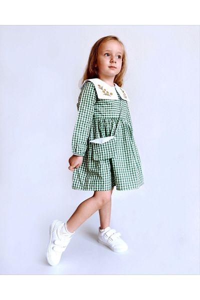 le petit sole Girl's Green Gingham Dress