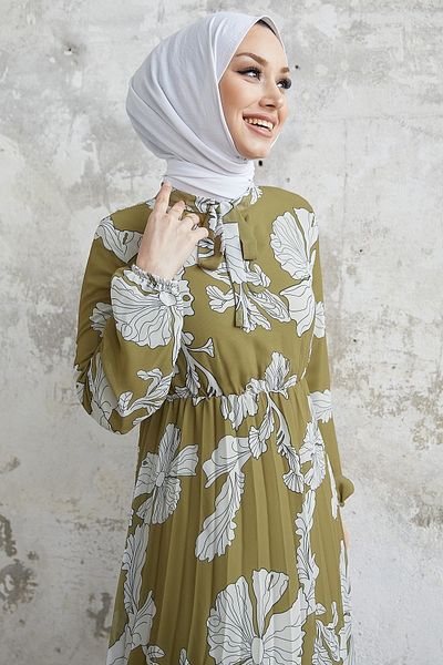 InStyle Elya Φόρεμα σιφόν ζωσμένο με γιακά φλοράλ - χακί