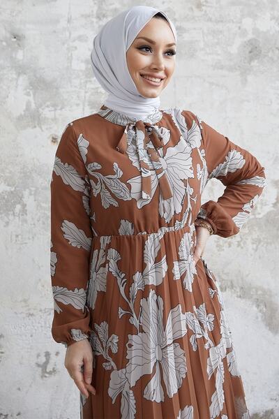 InStyle Elya Çiçek Yakası Kuşaklı Şifon Elbise - Taba