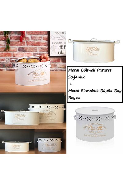Bayev White Set of 2 Compartments Metal Potato Onion Bowl 6 Lt Large Size Metal Bread Bowl Kitchen Set