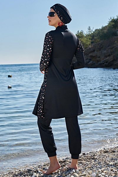 Ruko Maio Women's Long Sleeve Slit Skirt Lycra Black Hijab Swimsuit 2c3t1n03