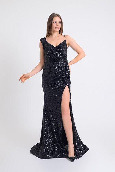 SpringStore Rochie de seară neagră cu paiete cu un singur umăr
