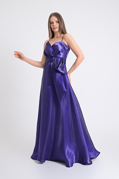 SpringStore Mor Organize Kumaş Beli Fiyonklu Abiye Elbise