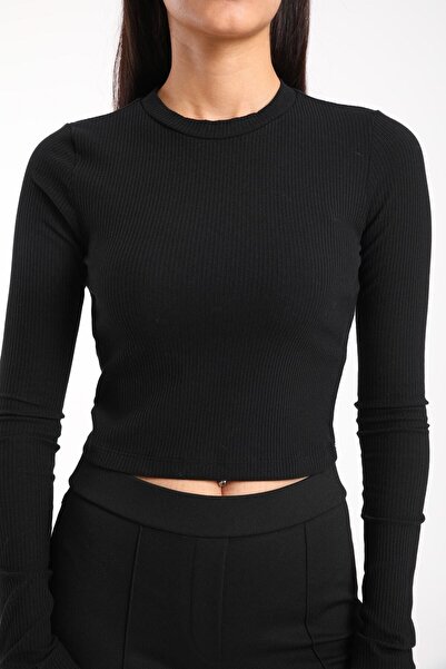 İmpavido Μαύρη γυναικεία ριμπ μακρυμάνικη μπλούζα με λαιμόκοψη