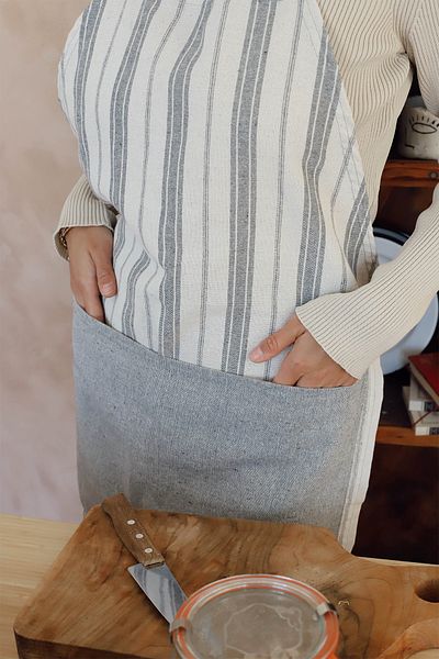 vivamaison Cotton Linen Gray Striped Adult Cook, Waiter, Chef, Kitchen Apron with Pocket