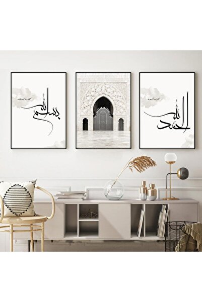 Linacci Üçlü Siyah Alüminyum Metal Çerçeveli Islami Arapça Hattat Camlı Poster Tablo Seti