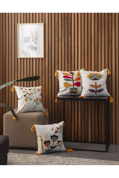 Ottoson 4'lü Premium Punch Işlemeli Nakışlı Dal Çiçek Temalı Kırlent Kılıfı